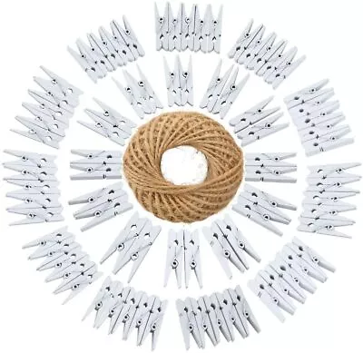 3.5cm Mini White Wooden Clothes Pegs And Jute String Craft Clips For Card UK  • £2.59