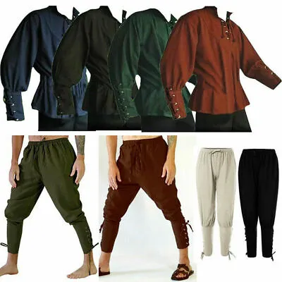 Medieval Renaissance Men Stand-up Collar Knight Shirt Top Lace Up Trousers Pants • $15.19