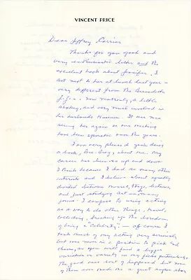 Vincent Price ~ Signed Letter 1992 ~ Discussing His Career & Jennifer Jones • $11.99