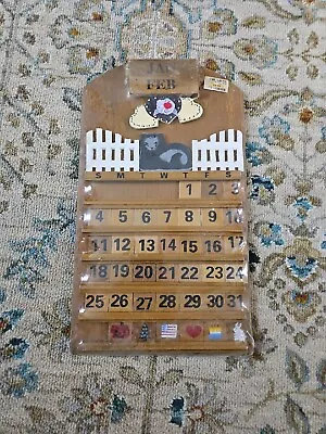Wood Perpetual Calendar Cat White Picket Fence Wooden Tiles Days Month Vintage • $35