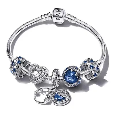 Genuine Pandora Silver Snake Chain Bracelet Blue Moon Stars 4 Charms Gifts AU • $258