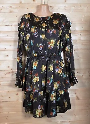 ZARA Black Floral Satin Open-back Long-sleeve Retro Rara Peplum Dress M/10-12 • £3