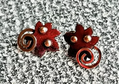 Vintage Matisse Renoir Copper & Enamel Red Leaf Clip On Earrings • $10