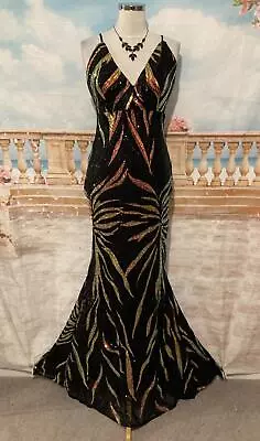 Dress 10 12 Black Gold Sequin Ballgown Mermaid Fishtail Train Prom Evening Maxi • £35
