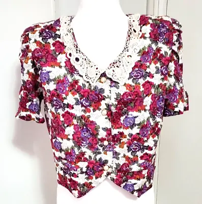 Miss Dorby Womens Top Sz 8 Crochet Collar Pearl Buttons Floral Blouse Vtg • $15