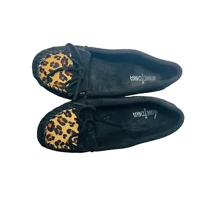 Minnetonka Moccasins Black Suede Women's US 8 Leopard Calf Hair Loafers- • £9.64