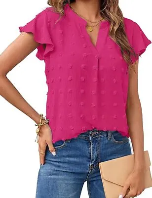 $12.97 • Buy Women 2023 Summer V Neck Ruffle Short Sleeve Blouse Dot Flowy Shirt Tunic Top .