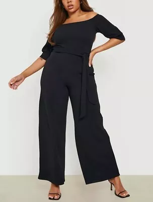 Boohoo Plus Off Shoulder Jumpsuit UK 16 Womens Ladies Tie Waist Evening TALL • £16