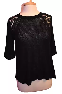 MARGARET O'LEARY Black Linen Fall Short Sleeve Sweater Tie Up Back Small • $20.69