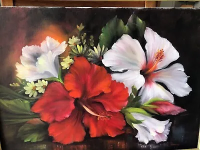 Hawaiian Hibiscus Flowers Oil Painting On Canvas By Joanne Hills • $575