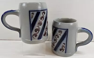 (2) Merkelbach Salzglasur Beer Stein Mugs Set Blue Stripes Grey Pottery Germany • $46.87