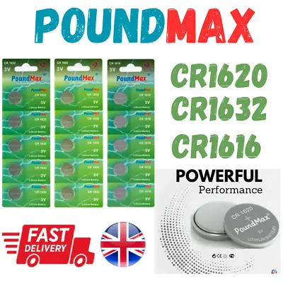 PoundMax CR1632 CR1620 CR1616  Battery Lithium Coin Cell Car Keys Fob Batteries • £1.99