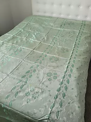 Vintage Pale Green Satin Damask Bedspread W Bouquets Of Roses Unused 84x102 • $75