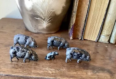 Lot Of 5 Vintage Lead Black Pig Figurines 4 Adults 2” 1 Baby 1” England • $18