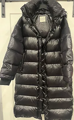 S13 New York Jet Black Long Maxi Gloss Down Puffer Coat XXL Removeable Hood • $200