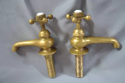 Antique Solid Brass Kitchen / Bath Sink Faucets Hot Cold Porcelain Tops C 1900 • $132.56