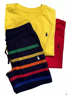 Ralph Lauren Polo Boys Red Yellow T Shirt Navy Striped 3 Pack Shorts Set Age 4 • £24.99