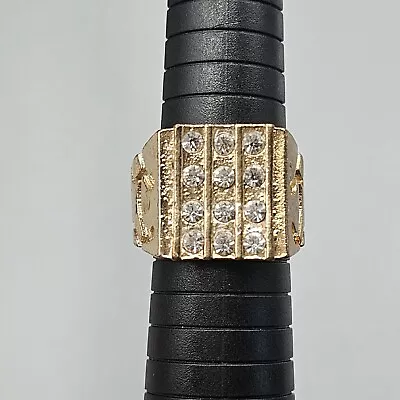 Mens Crystal Ring Gold Tone Chunky 4 Row Textured Band Retro Bling 12 Stone • $19.99