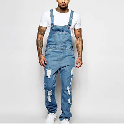 Mens Denim Dungaree Overalls Pants Trousers Bib Ripped Cargo Work Jeans Jumpsuit • $44.39