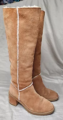 UGG Kasen Tall Boots Womens 6.5 Suede Beige Sheepskin Shaft Lining Block Heel • $48.97