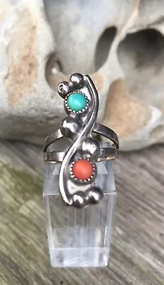 Vintage Native American Navajo Turquoise Coral Silver Bead Ring Size 6 • $28