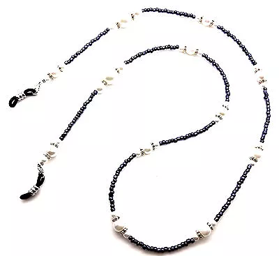 New Glasses Neck Chain Beaded Necklace Safety Cord Grey & Ivory Pearl Beads • £3.99