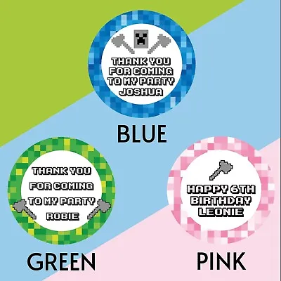 Minecraft Birthday Stickers Pink Blue Or Green Personalised With Name Thank You • $3.78