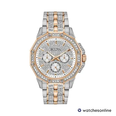 Bulova $650 Mens Dazzling Crystals Two-tone Silver/rose Gold Watch 98c133 Bling! • $375