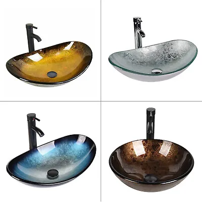 Tempered Glass Bathroom Sink Basin Countertop Wash Bowl With Tap Waste Cloakroom • £67.99