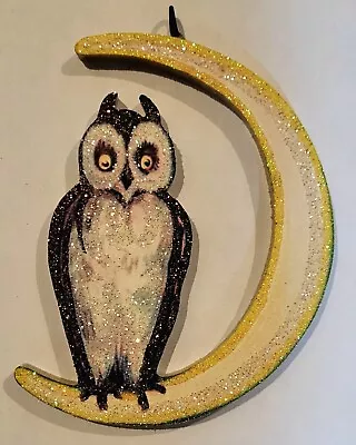 BROWN OWL On CRESCENT MOON *  Glitter HALLOWEEN ORNAMENT * Vtg Img • $10.50