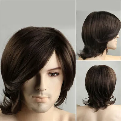 Men Long Straight Brown  Heat Resitstant Synthetic Side Bang Hair Fashion Wig • $18.75