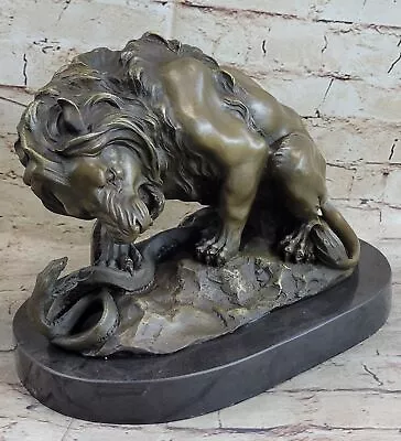 Bronze Sculpture Statue Lion Vs. Snake GORGEOUS REAL Marble Base Barye Gift Art • $244.65