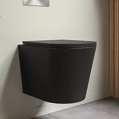 Matt Black Wall Hung Rimless Toilet With Soft Close Seat -  BUN/BeBa_25861/77184 • £239.92