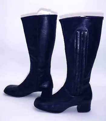 VINTAGE ESKIPETS By Dunham TALL Go Go Mod BOOTS WOMEN'S  Navy Blue Leather • $63.99