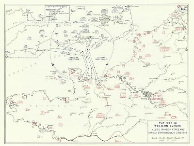 World War 2 D-Day 6 June 1944 Allied Invasion Force German Dispositions 1959 Map • $32.84