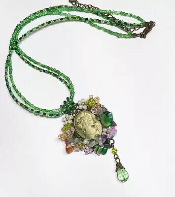 Cameo Necklace GREEN Beaded Necklace Victorian Style 20  Chockers Necklace • $9.95