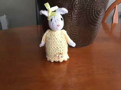 Hand Knitted Easter Bunny Cream Egg Cosy Cover White Rabbit Lemon Dress OOAK • £4.99