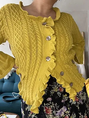 $5 • Buy J. Jill Sweater Mustard Yellow Cardigan Ruffle Trim Pockets Women's Size Medium