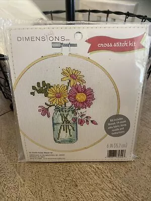 DIMENSIONS Counted Cross Stitch Kit Flower Mason Jar 6  Inch Round [72-75344] • $12.99