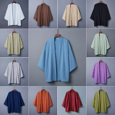 Men Kimono Cardigan Jackets Coats Yukata Solid Plain Outwear Casual Chinese • £16.79