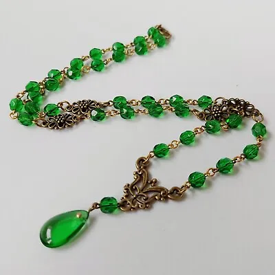 Vintage Necklace 20'' Green Czech Glass Beads Vintage Women`s Jewelry Art Deco • $40