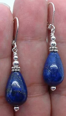 Simple Natural Blue Lapis Lazuli Tibetan Silver Earrings Leverbacks • $3.71