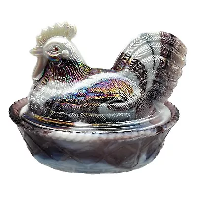 Vintage Westmoreland Rooster On Nest Purple White Slag Glass Chicken Dish *See* • $50