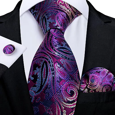 Mens Ties Blue Floral Checks Striped Paisley Silk Necktie Hanky Cufflink Set 3PC • $11.99