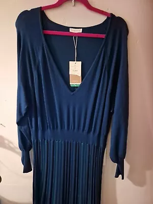 £35 • Buy Monsoon Pleated Skirt Dress, V-neck, Stripes,Teal, Blue, Green. Size Xl 20 Bnwt