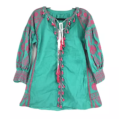 Vintage 70's Puebla Womens Dress Shift Boho Embroidered Mini Green Pink Medium M • $43.99