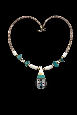 Vintage Santo Domingo Gold Tone Turquoise Inlay Kachina Heishi Bead Necklace • $33.99