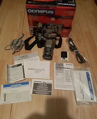 Olympus Camedia C-2100 2.1MP Digital Camera Silver W/ SM Card In Box Tested • $59.99