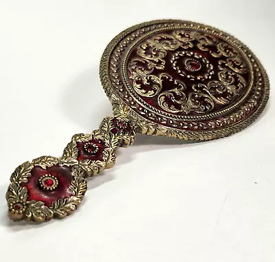 Ornate Victorian Vanity Hand Mirror Gold Red Guilloché Enamel Faux Rubies • $38.65