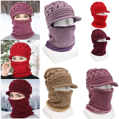 3 In 1 Women Knitted Hat Face Mask Neck Ski Snow Thicken Warm Winter Scarf Cap • £5.49